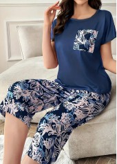 Navy Plants Print Short Sleeve Lounge Top and Pants | thumb picture 