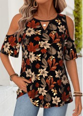 Multi Color Floral Print Curved Hem T Shirt