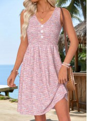 Pink Short Shirred Sleeveless V Neck Dress