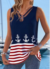 Navy Geometric Print Lace Up Sleeveless Tank Top | thumb picture 
