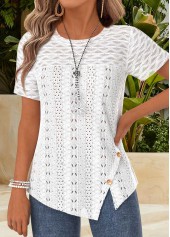 Raw White Asymmetry Short Sleeve Round Neck T Shirt