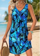 Blue Leaf Print Short Shirred Sleeveless V Neck Dress