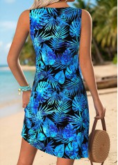 Blue Leaf Print Short Shirred Sleeveless V Neck Dress | thumb picture 