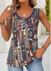 Multi Color Tribal Print Button Sleeveless Tank Top
