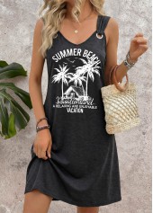 Dark Grey Marl Tropical Plants Print Short Sleeveless Dress