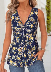Multi Color Floral Print Shirred Sleeveless Tank Top