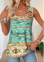 Mint Green Tribal Print Tummy Coverage Sleeveless Tank Top