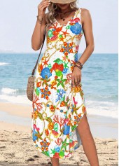 Multi Color Marine Life Print Tummy Coverage Sleeveless Dress