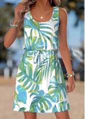 Light Green Tropical Plants Print Short Belted Sleeveless Dress