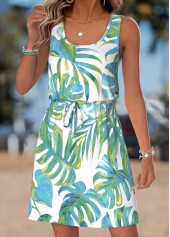Light Green Tropical Plants Print Short Belted Sleeveless Dress | thumb picture 
