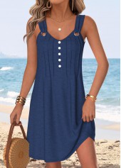 Navy Short Tuck Stitch Sleeveless V Neck Dress