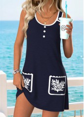 Navy Marine Life Print Short Patch Pocket Sleeveless Dress