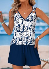 Navy Floral Print Two-piece Sleeveless V Neck Tank Top