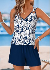 Navy Floral Print Two-piece Sleeveless V Neck Tank Top | thumb picture 