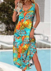 Multi Color Tropical Plants Print Tummy Coverage Sleeveless Dress | thumb picture 