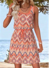 Orange Tribal Print Short Contrast Piping Sleeveless Dress