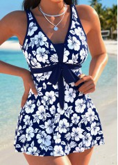 Navy High Waisted Bowknot Floral Print Tankini Set | thumb picture 