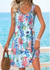 Blue Marine Life Print Short Tummy Coverage Sleeveless Dress