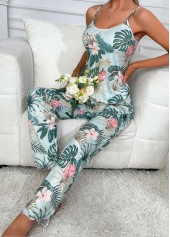 Turquoise Tropical Plants Print Strappy Lounge Top and Pants | thumb picture 
