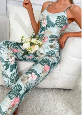 Turquoise Tropical Plants Print Strappy Lounge Top and Pants | thumb picture 