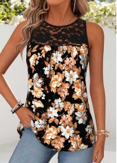 Black Floral Print Patchwork Sleeveless Round Neck Tank Top