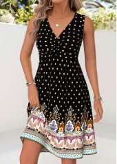 Black Tribal Print Short Twist Sleeveless V Neck Dress | thumb picture 