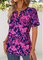 Hot Pink Floral Print Tuck Stitch Short Sleeve Blouse | thumb picture 