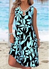 Cyan Leaf Print Short Tummy Coverage Sleeveless Dress