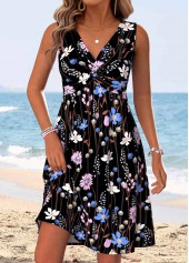 Black Floral Print Short Shirred Sleeveless V Neck Dress