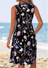 Black Floral Print Short Shirred Sleeveless V Neck Dress | thumb picture 