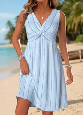 Light Blue Short Shirred Sleeveless V Neck Dress