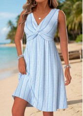 Light Blue Short Shirred Sleeveless V Neck Dress | thumb picture 