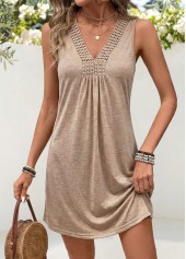Light Camel Short Patchwork Sleeveless V Neck Dress