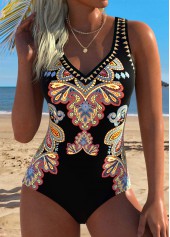 Multi Color Tummy Control Tribal Print One Piece Swimwear