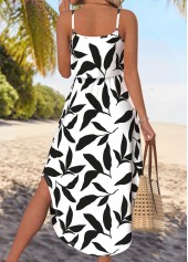 White Leaf Print Bowknot Strappy Round Neck Dress | thumb picture 