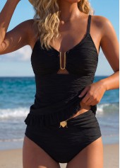 Black Mid Waisted Ruffle Tankini Set