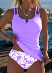 Light Purple Mid Waisted Ruched Floral Print Tankini Set