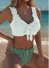 Light Green Mid Waisted Bowknot Striped Bikini Set