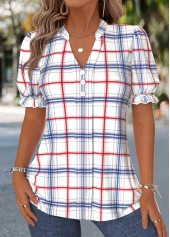 Raw White Plaid Tummy Coverage Short Sleeve Blouse