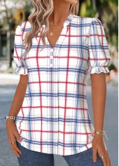 Raw White Plaid Tummy Coverage Short Sleeve Blouse | thumb picture 