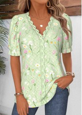 Light Green Floral Print Patchwork Short Sleeve Blouse
