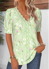 Light Green Floral Print Patchwork Short Sleeve Blouse | thumb picture 