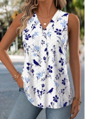 White Ditsy Floral Print Curved Hem Sleeveless Tank Top