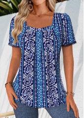 Navy Paisley Print Pleated Short Sleeve T Shirt