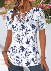 White Floral Print Tuck Stitch Short Sleeve Blouse | thumb picture 