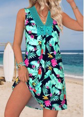 Multi Color Tropical Plants Print Short Shirred Sleeveless Dress