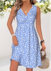 Light Blue Ditsy Floral Print Short Shirred Sleeveless Dress