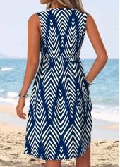 Navy Geometric Print Short Shirred Sleeveless V Neck Dress | thumb picture 