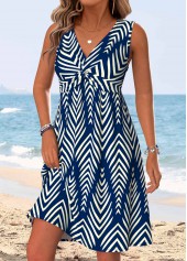 Navy Geometric Print Short Shirred Sleeveless V Neck Dress | thumb picture 