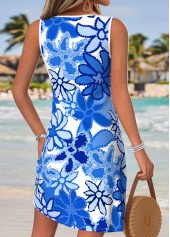 Blue Floral Print Short Shirred Sleeveless V Neck Dress | thumb picture 